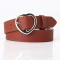 Brown faux leather belt with silver heart buckle and yellow contrast stitching - Camel