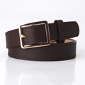 Classic dark brown synthetic leather belt with minimalist gold rectangular buckle for women - Coffee