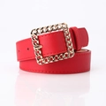 Elegant red leather belt for women featuring a gold chain-textured rectangular buckle - Red