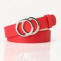 Cinturón rojo chic de cuero PU para mujer con moderna hebilla de doble círculo plateado - Rojo