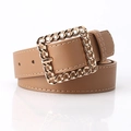 Elegant brown leather belt for women with golden square chain buckle and white stitching - Khaki