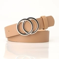 Cinturón de cuero marrón claro para mujer con hebilla minimalista de doble anillo plateado - Caqui