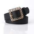 Women's black leather belt featuring a vintage gold chain-link square metal buckle - Black