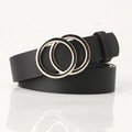 Cinturón negro de mujer con patrón litchi y hebilla minimalista de doble anillo plateado - Negro