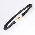 Elegant skinny black faux leather waist belt with polished U-shaped gold metal buckle - Black