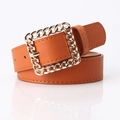 Elegant brown leather belt for women featuring a polished gold square chain buckle - Camel