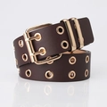 Dark brown leather belt featuring double-row gold grommets and a large twin-needle buckle - Coffee