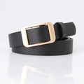 Classic black women's belt with bright gold rectangular alloy buckle on white background - Black