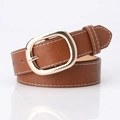 Cintura classica in pelle marrone da donna con fibbia ovale oro e cuciture bianche - 105 / Cammello