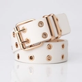 White faux leather belt with double row gold eyelets and twin pin buckle for women - White