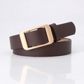 Classic brown leather belt with matte gold double-bar buckle for jeans and pants - Coffee