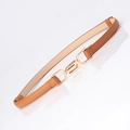 Elegant thin brown leather belt with gold geometric buckle for women dresses and suits - Camel