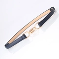 Elegant navy blue slim leather belt for women with a modern golden geometric buckle - Navy Blue