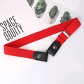 Adjustable red buckle-free elastic belt for jeans with black leather ends and snaps - Red