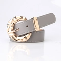 Women's fashion grey leather belt featuring a textured irregular gold metal buckle - Gray