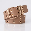 Brown faux leather double prong belt with rows of gold metal eyelets for women - Khaki