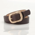 Deep brown leather belt for women featuring a vintage engraved gold metal pin buckle - Coffee