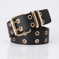 Classic black double grommet belt with gold double pin buckle in a coiled display - Black