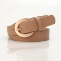 Minimalist tan leather belt for women featuring a polished light gold C-shaped metal buckle - Khaki