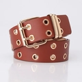 Brown leather belt with double grommets and gold double-prong buckle in a rolled view - Camel