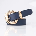 Navy blue faux leather skinny belt with a gold wavy hammered metal buckle for women - Navy Blue