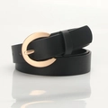 Minimalist black leather belt for women featuring a stylish C-shaped golden metal buckle - Black