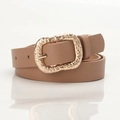Fashionable camel brown faux leather belt featuring a vintage gold floral carved buckle - Khaki