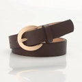 Women's minimalist dark brown leather belt with a polished C-shaped golden buckle - Coffee