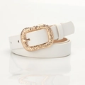 Women's slim white fashion belt featuring an engraved gold rectangular buckle - White