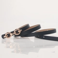 Women's slim black leather belt with golden double ring buckle for dresses - Navy Blue