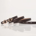 Women's dark brown leather skinny belt featuring a golden interlocking chain buckle - Coffee