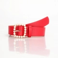 Elegante cintura sottile rossa in pelle PU da donna con fibbia quadrata di perle - Rosso
