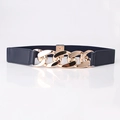 Women's dark blue elastic waist belt featuring oversized gold metal chain link buckle design - Gold Buckle Navy Blue