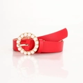 Elegant red women belt with golden pearl buckle on reflective white background - Red