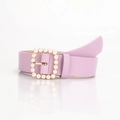 Elegant lavender faux leather belt for women featuring a gold pearl square buckle detail - Purple