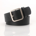 Minimalist black leather belt for women featuring a large square silver metal buckle - Silver Buckle Black