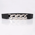 Women's wide elastic waist belt featuring a chunky silver metal chain buckle design - Black with Silver Flower Buckle