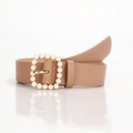 Elegant camel PU leather belt with gold square buckle and pearl embellishments for women - Khaki
