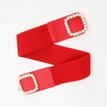 Eleganter breiter roter elastischer Taillengürtel mit goldener Perlenschnalle für Kleider - Rot