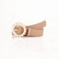 Women's slim faux leather belt in camel with elegant pearl-embellished round buckle - Khaki