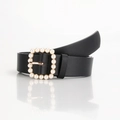 Cintura elegante da donna in pelle PU nera con fibbia quadrata dorata e perle - Nero