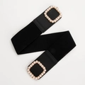 Cintura elastica larga nera da donna con fibbia quadrata decorata con perle finte - Nero
