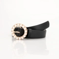Women's black slim faux leather belt with a decorative gold round pearl buckle - Black