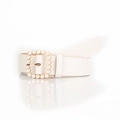 Elegant cream white PU leather waist belt with a pearl-embellished square gold buckle - White