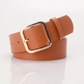 Classic camel brown PU leather belt with a minimalist golden square metal buckle for women - Gold Buckle Camel
