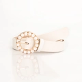 Women's cream faux leather belt featuring a round golden buckle with pearl inlays - White