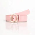 Elegant pink PU leather belt with square pearl buckle and golden metal pin for women - Pink