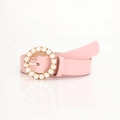 Chic pink faux leather women's belt with gold round buckle and white pearl trim - Pink