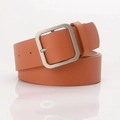 Classic brown leather belt for women with elegant matte silver square pin buckle - Silver Buckle Camel