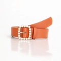 Elegante cintura da donna in pelle PU marrone con fibbia dorata e intarsio di perle - Cammello